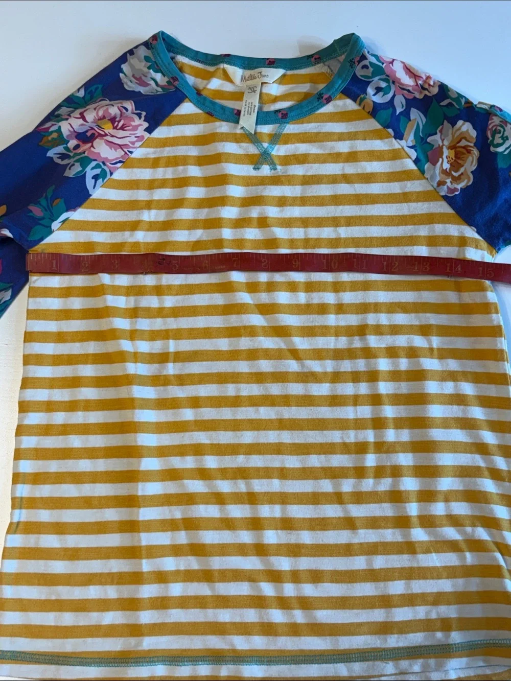 Matilda Jane Yellow Royal Blue Flor Striped Raglan Matching Leggings sz 12VGUC